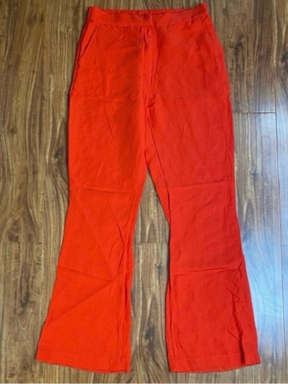 H&M Women's Orange Red Linen Mix High Waist Crop Flared Pants Size 10 Coastal